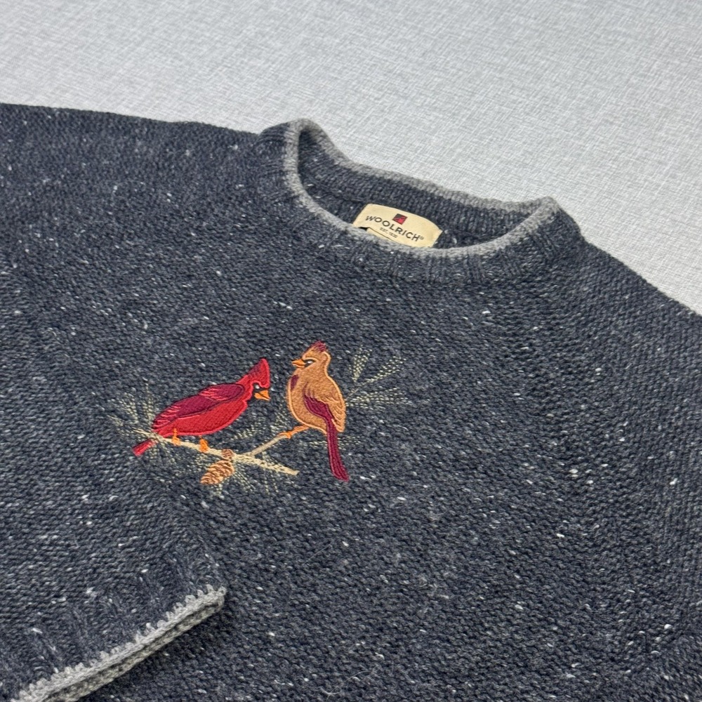 Woolrich Sweater Womens L Gray Chunky-Knit Pullover Embroidered Birds Crewneck